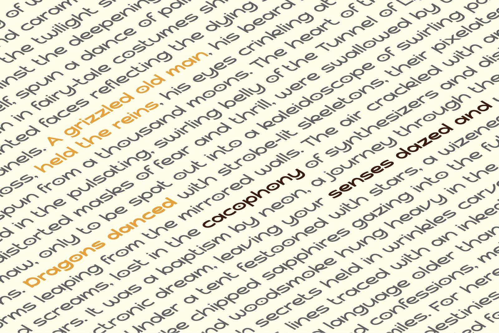 A diagonal text block using the Komika Sans font, highlighting specific words in a different color.