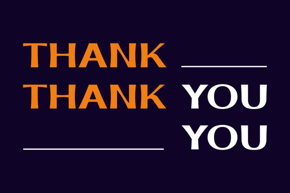 A dark blue banner with the words "THANK THANK YOU YOU" displayed using the Kripto font, with some words in orange and others in white. The layout is spaced out with horizontal lines.