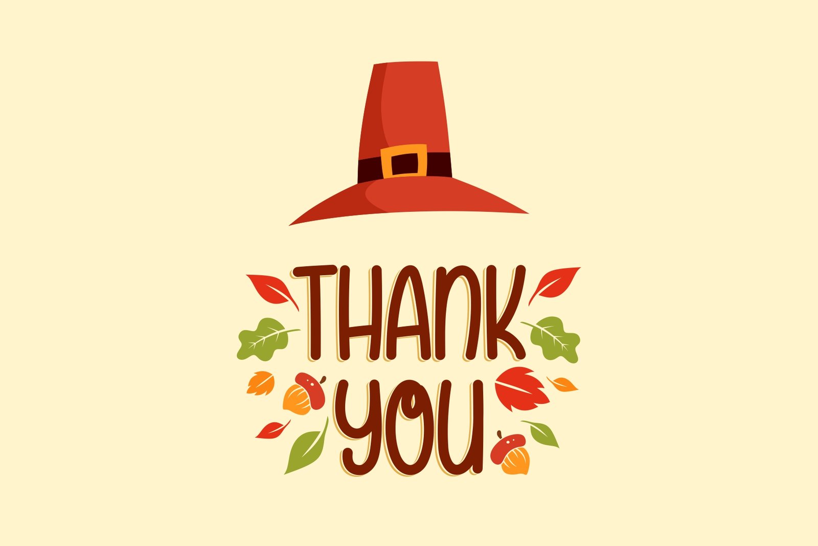 A "Thank You" card design using the Branchery font, featuring a pilgrim hat and autumn leaves.