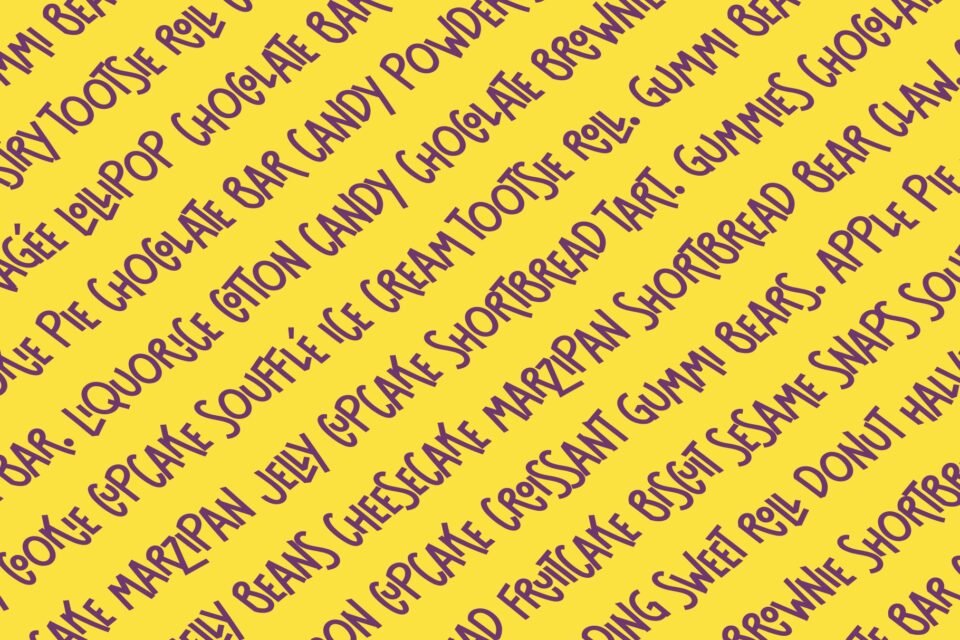 A seamless background pattern of candy and treat names written in the Cloriatte font.