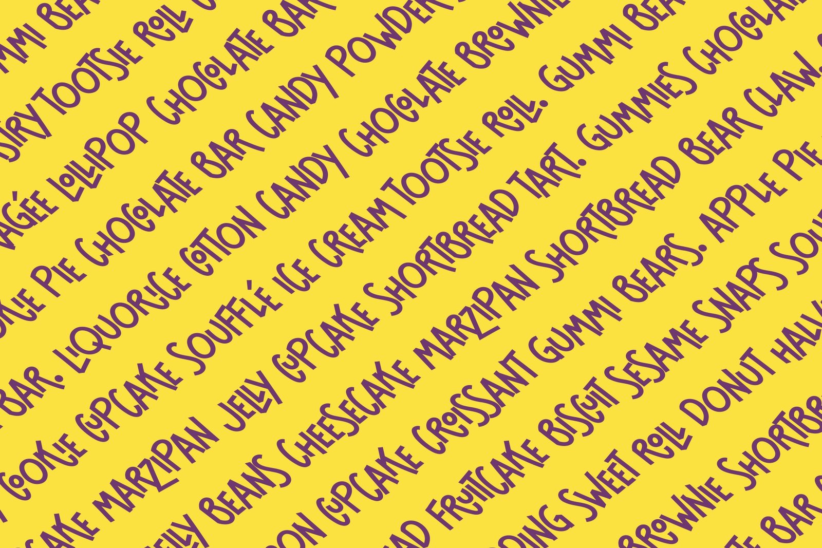 A seamless background pattern of candy and treat names written in the Cloriatte font.