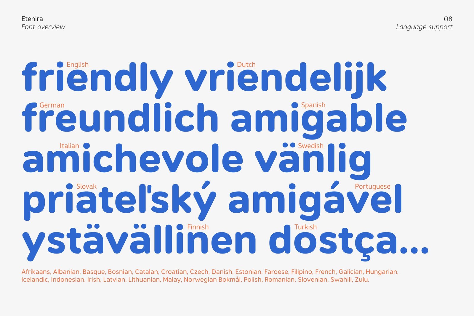 A preview of Etenira font showing support for multiple languages including English, Dutch, German, and Spanish.