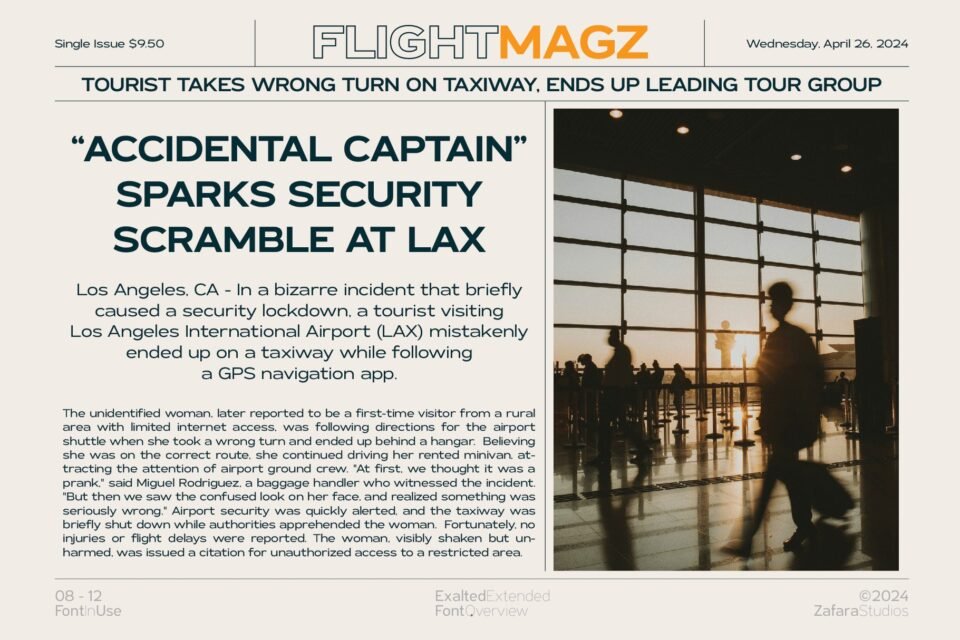 A mock-up magazine article from "FLIGHTMAGZ" using the Exalted Extended font for its headlines and body text to showcase its print-friendly nature.