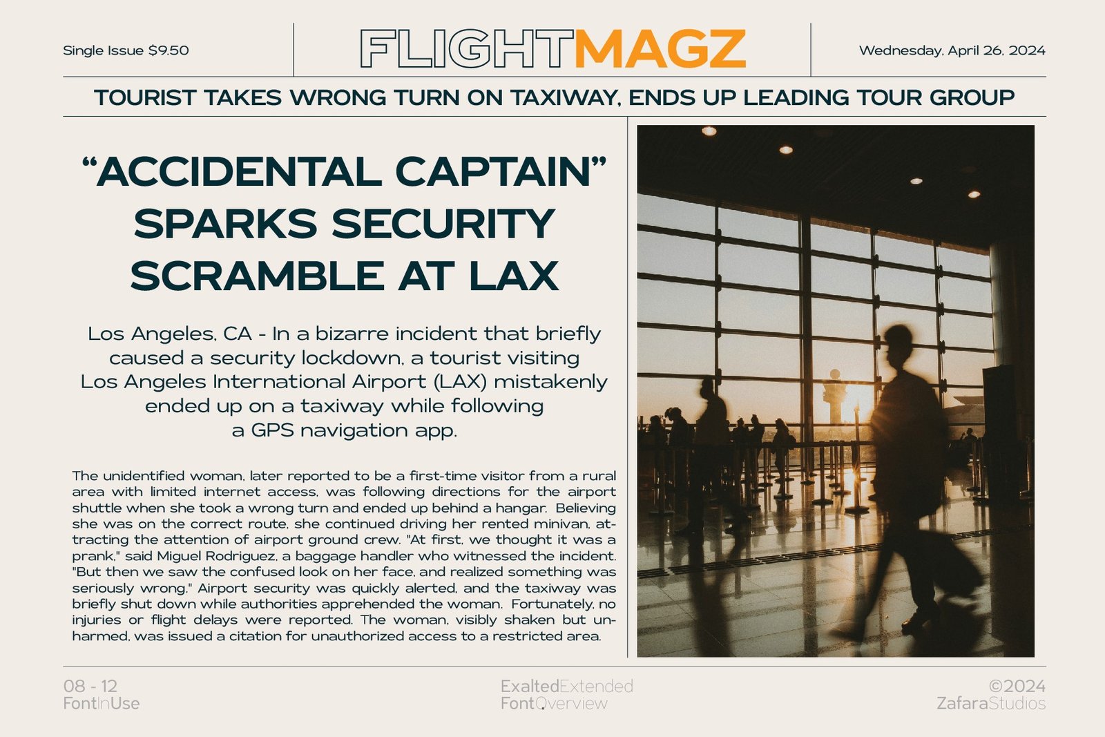 A mock-up magazine article from "FLIGHTMAGZ" using the Exalted Extended font for its headlines and body text to showcase its print-friendly nature.