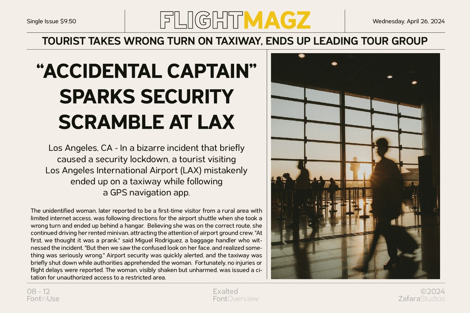 A mock-up magazine article from "FLIGHTMAGZ" using the Exalted font for the headlines and body text, showing its readability and application in print.