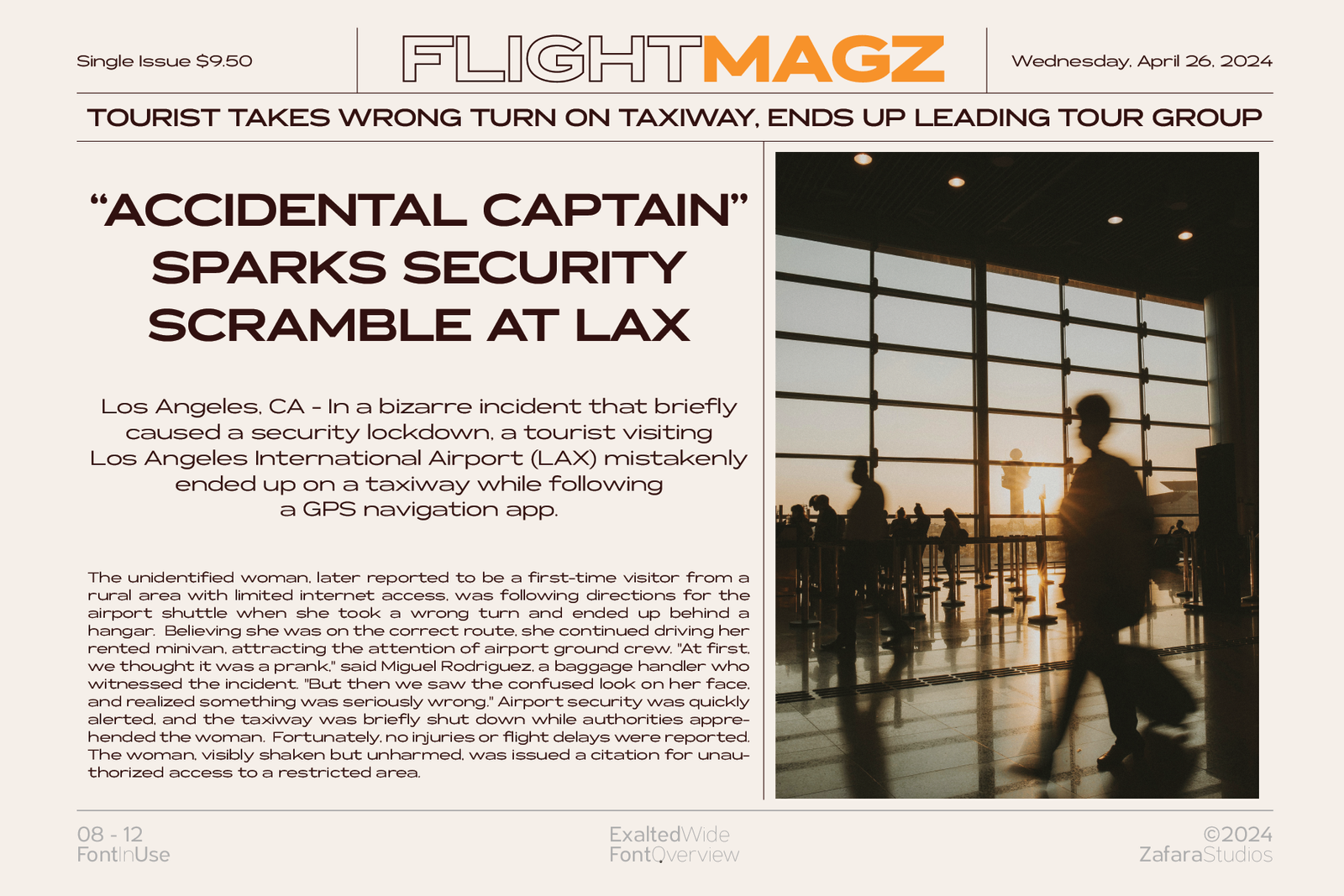 A mock-up magazine article from "FLIGHTMAGZ" using the Exalted Wide font for the headlines and body text, showing its readability and application in print.