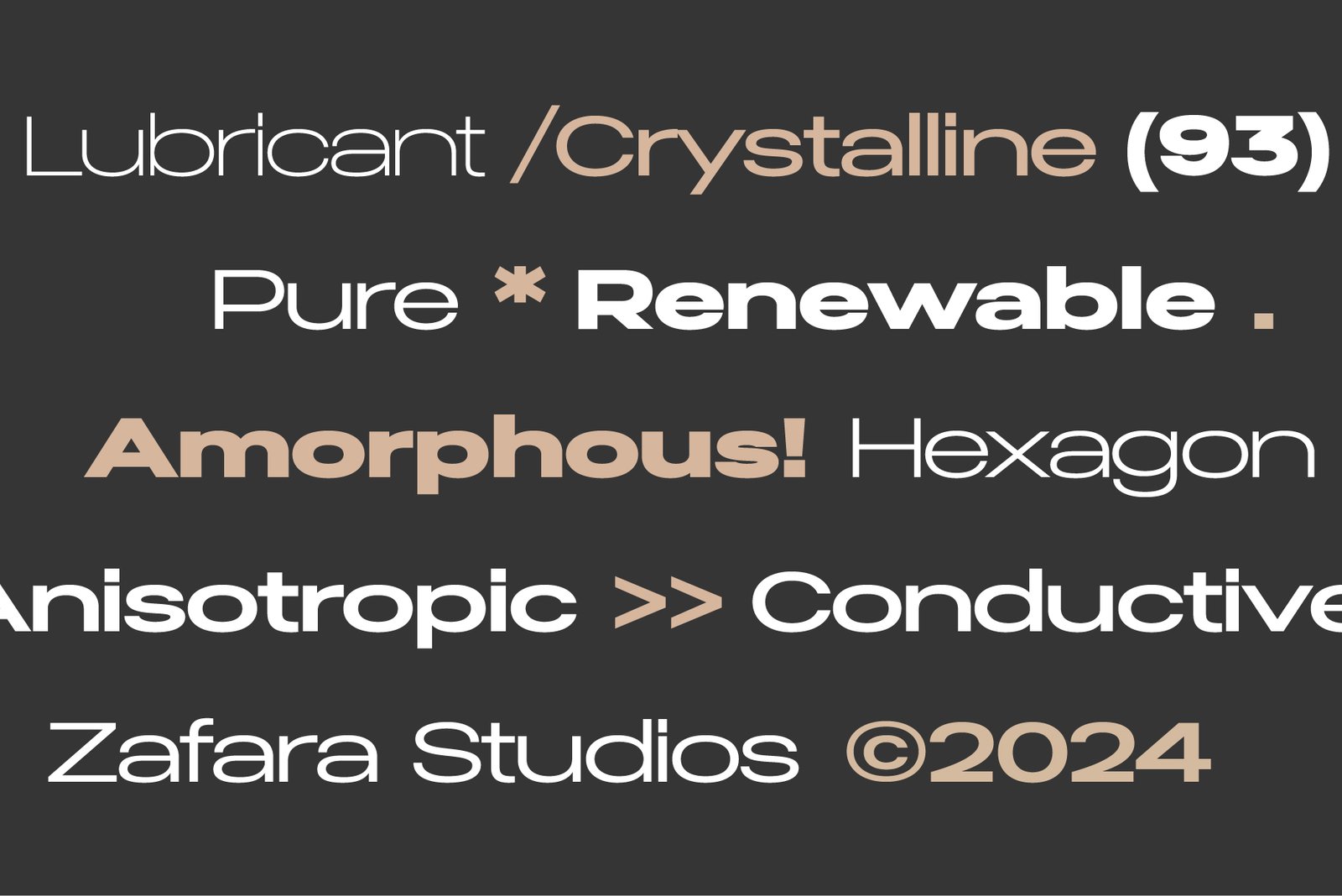 A typographic showcase of the Graphite font using various keywords and symbols like "Crystalline," "Renewable," and "Anisotropic."