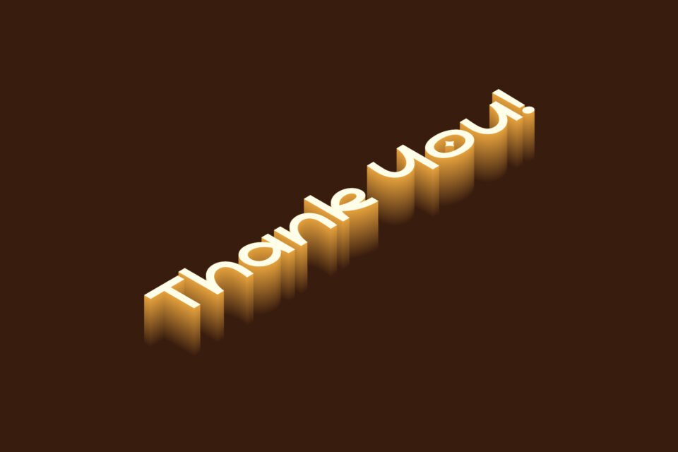 A 3D render of the words "Thank you!" in the Komika Sans font, with a glowing effect.