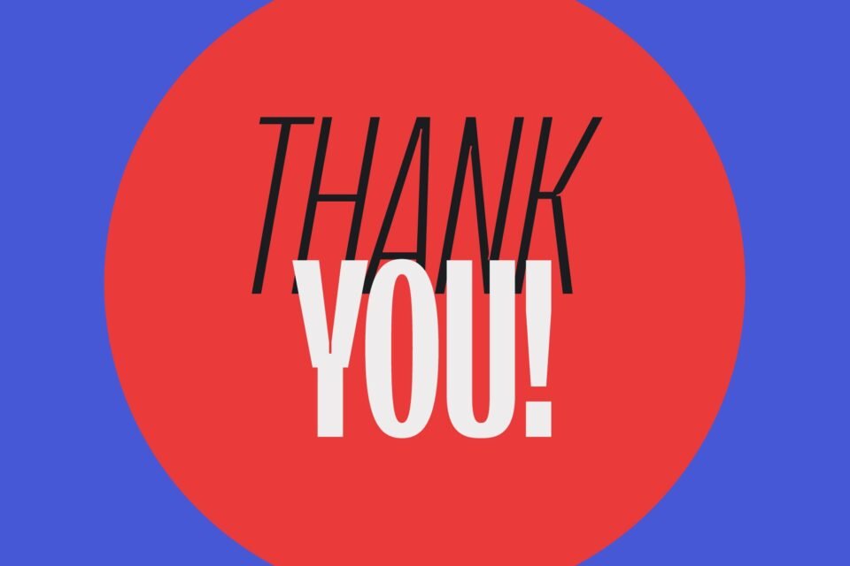 A blue background with a large red circle in the center. Inside the circle, the words "THANK YOU!" are written in a mix of thin and bold versions of the Orstavic font.