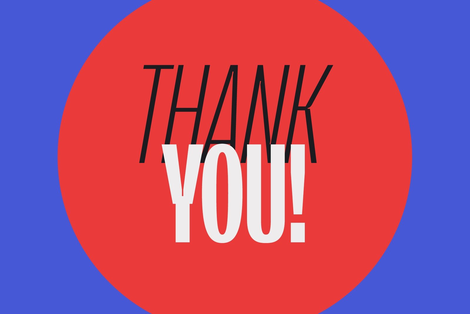 A blue background with a large red circle in the center. Inside the circle, the words "THANK YOU!" are written in a mix of thin and bold versions of the Orstavic font.