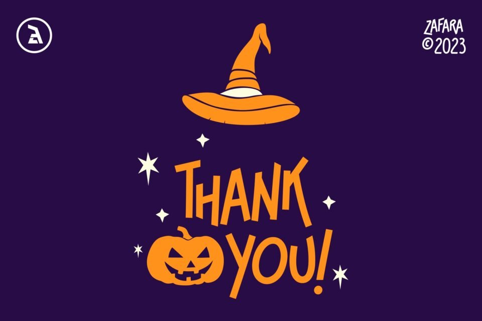 A "Thank You!" message written in the Cloriatte font, with a witch hat and jack-o-lantern.
