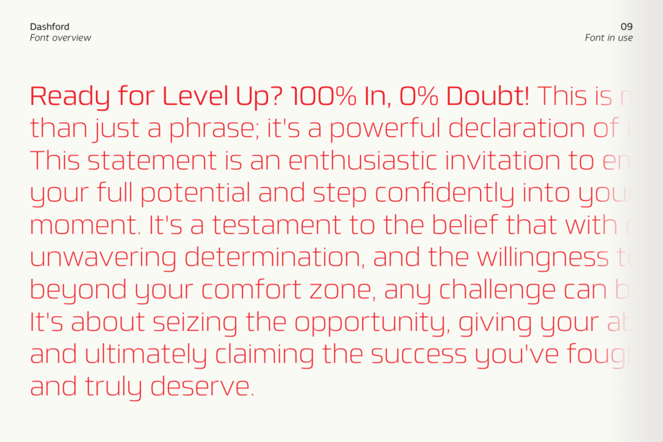 A paragraph of red text on a light gray background, using the Dashford font to talk about "Level Up" and "100% In, 0% Doubt!"