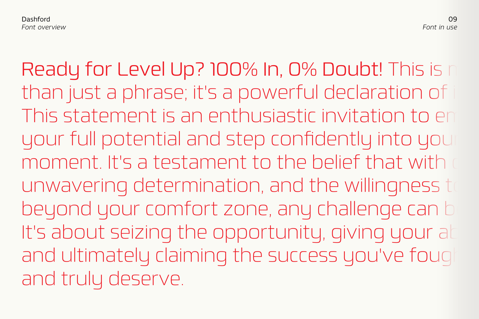 A paragraph of red text on a light gray background, using the Dashford font to talk about "Level Up" and "100% In, 0% Doubt!"