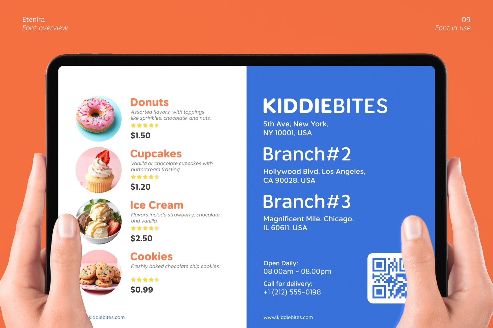 Etenira font used on a digital menu for a children's restaurant named Kiddiebites.