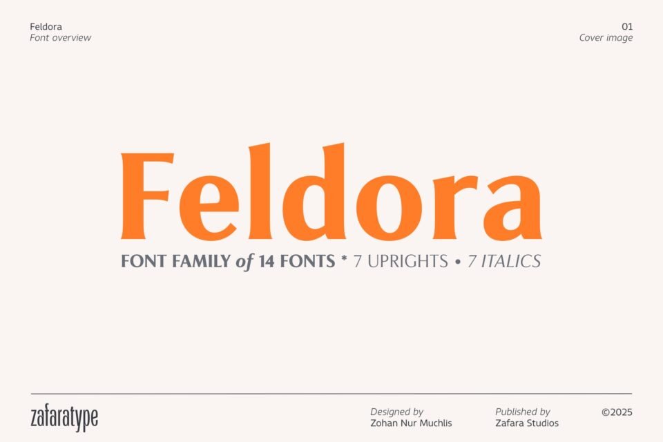 Feldora font family cover by Zafara Studios featuring 14 fonts with uprights and italics.