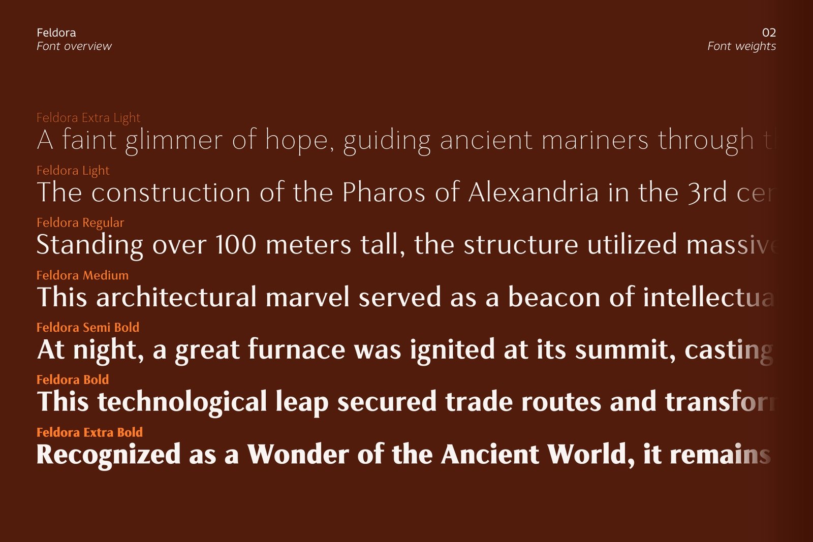 Display of Feldora font weights from Extra Light to Extra Bold.