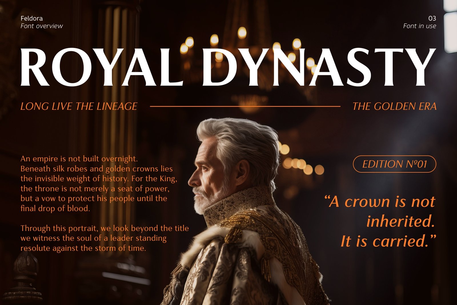 Editorial layout using Feldora font with a royal king portrait theme.
