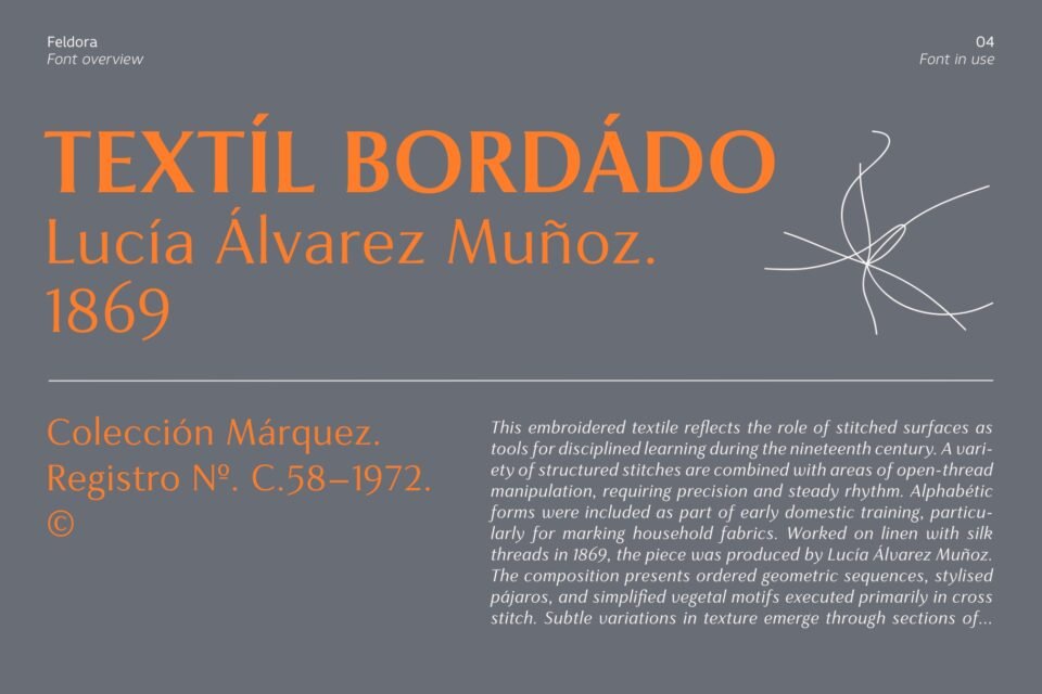 Feldora font applied to a museum catalog layout for textile embroidery.