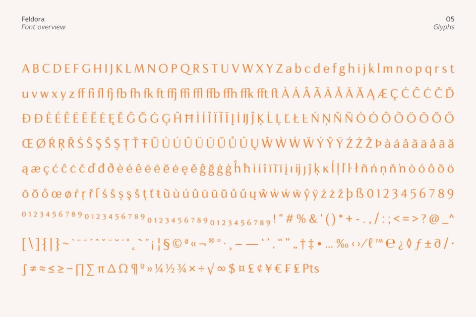 Full character set and glyphs of Feldora serif font.