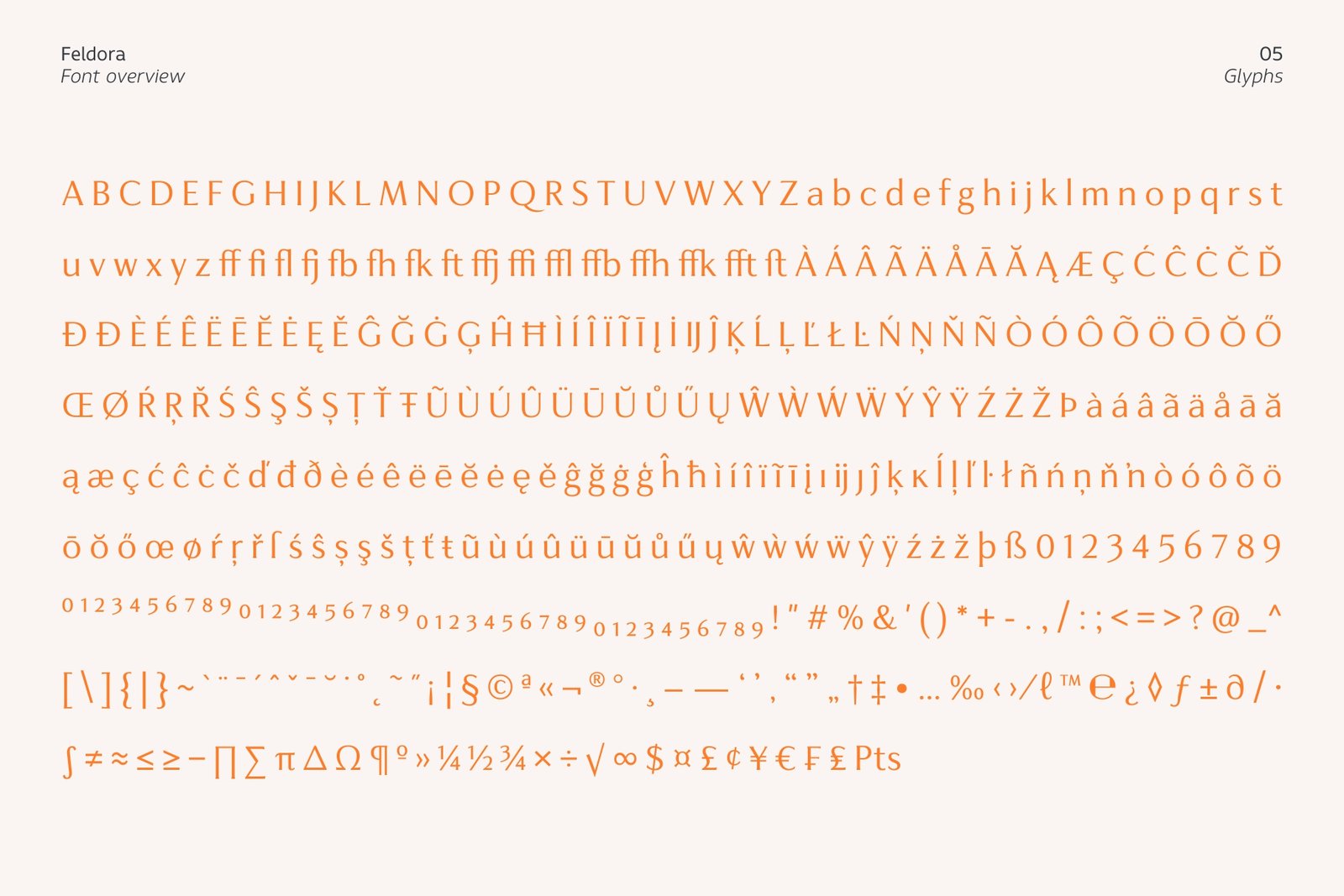 Full character set and glyphs of Feldora serif font.