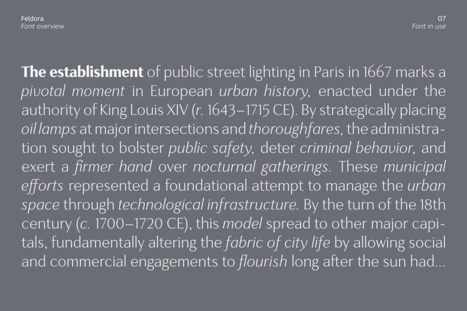 Comparison of Feldora font in regular and italic weights for body copy.