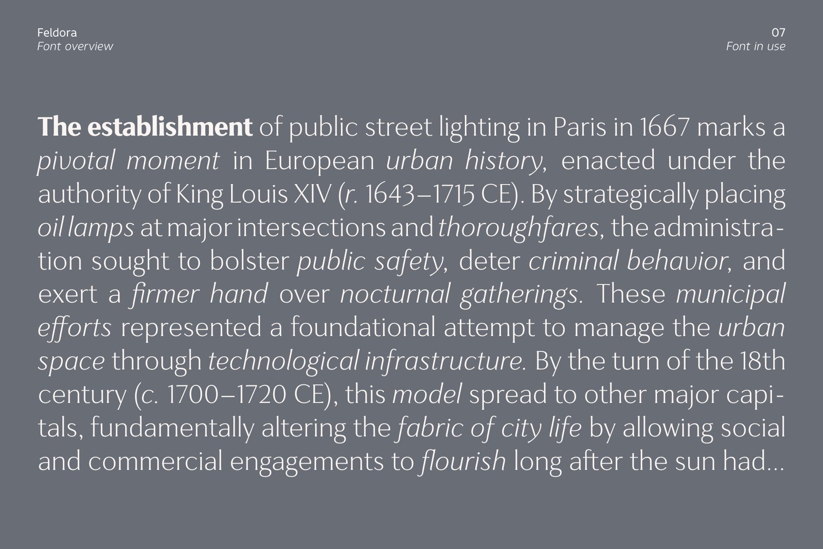 Comparison of Feldora font in regular and italic weights for body copy.