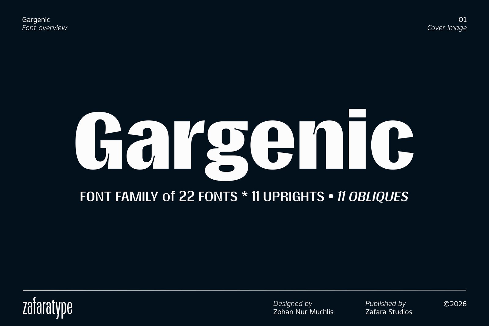 Gargenic font family cover featuring bold sans-serif typography on a dark background.