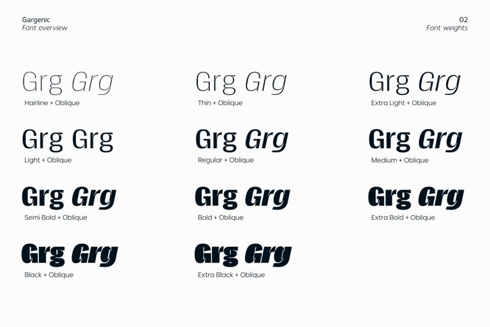 A showcase of Gargenic font weights ranging from Hairline and Thin to Extra Black and Obliques.