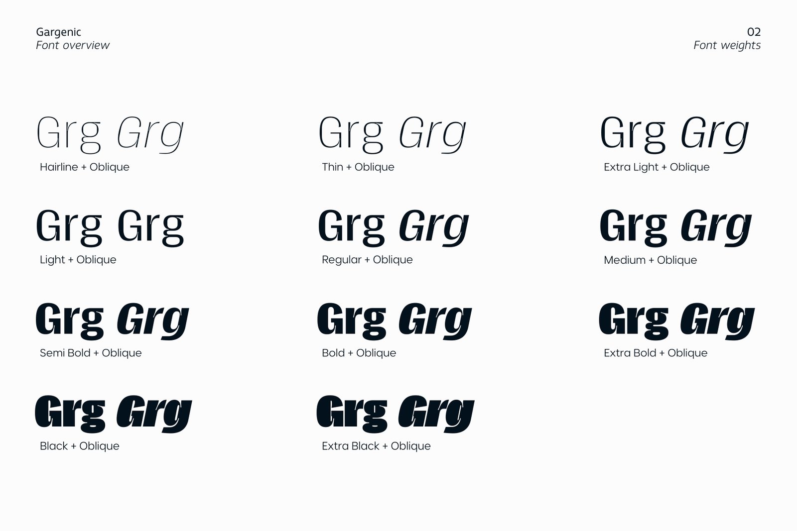 A showcase of Gargenic font weights ranging from Hairline and Thin to Extra Black and Obliques.