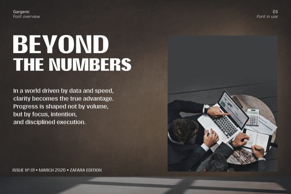Gargenic font used in a business editorial layout titled "Beyond the Numbers".
