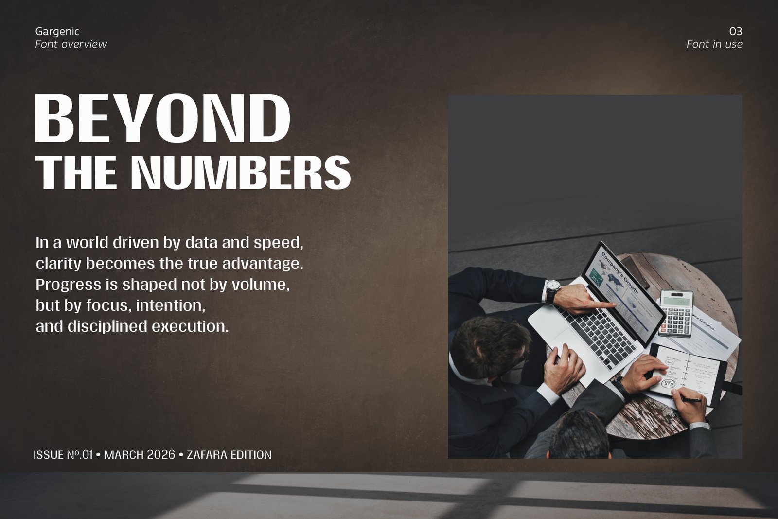 Gargenic font used in a business editorial layout titled "Beyond the Numbers".