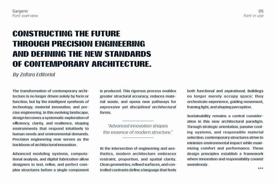 Gargenic font family applied to a multi-column architectural article for legibility testing.