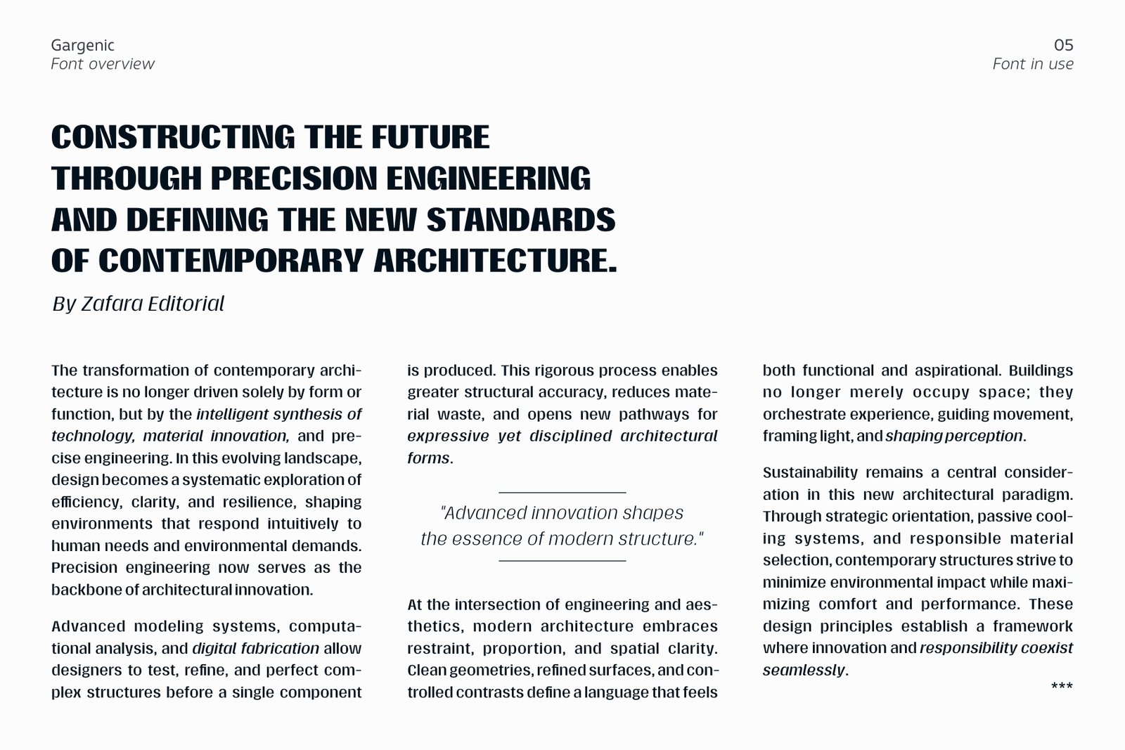 Gargenic font family applied to a multi-column architectural article for legibility testing.
