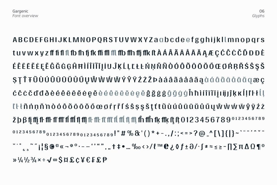 The complete glyph set for Gargenic font including ligatures, numbers, and symbols.