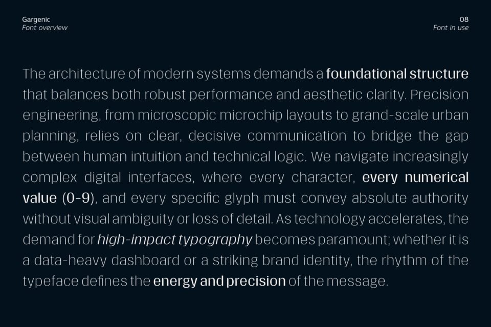 Gargenic font used in a technical context describing modern systems and precision engineering.