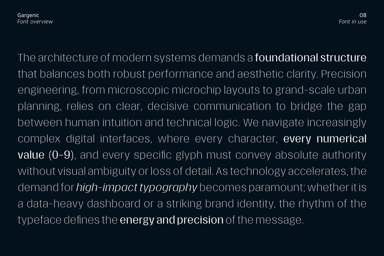 Gargenic font used in a technical context describing modern systems and precision engineering.