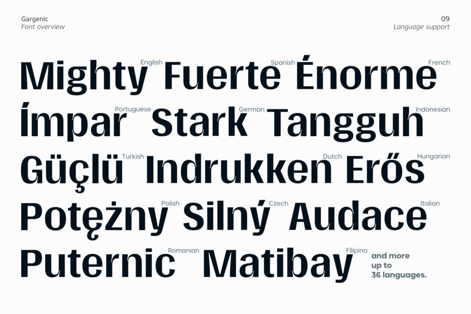 Gargenic font displaying words in various languages like French, Spanish, German, and Indonesian.