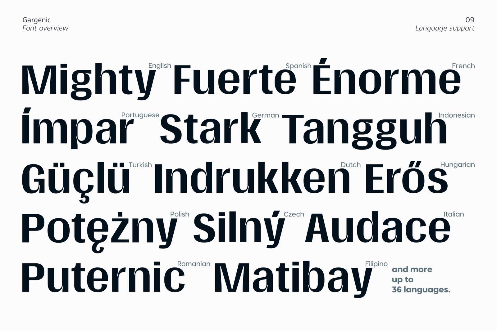 Gargenic font displaying words in various languages like French, Spanish, German, and Indonesian.