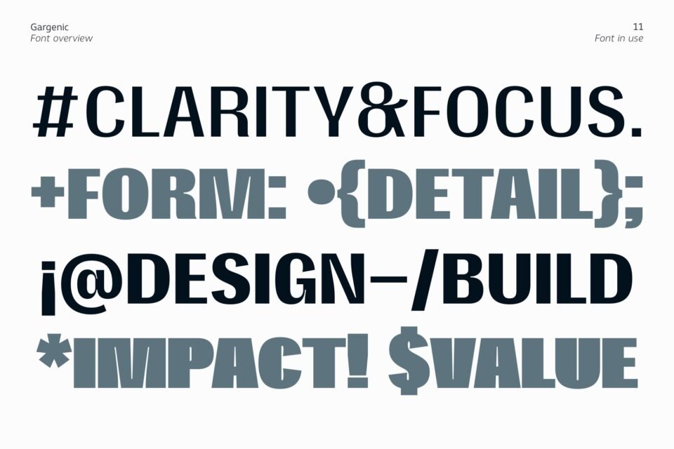 A bold typographic display of Gargenic font using various symbols like hashtags, ampersands, and brackets with the words Clarity, Focus, and Design.