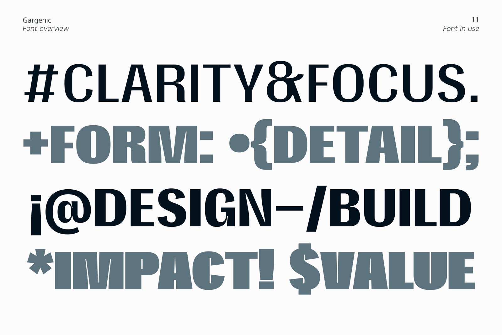 A bold typographic display of Gargenic font using various symbols like hashtags, ampersands, and brackets with the words Clarity, Focus, and Design.