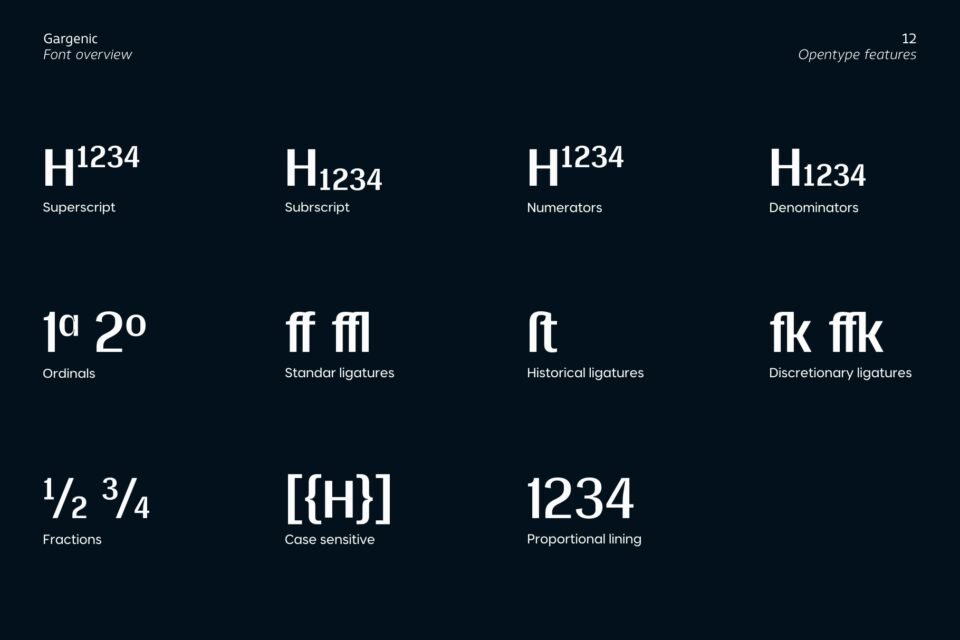 Infographic showing Gargenic font's OpenType features including superscript, subscript, ligatures, fractions, and case-sensitive forms.