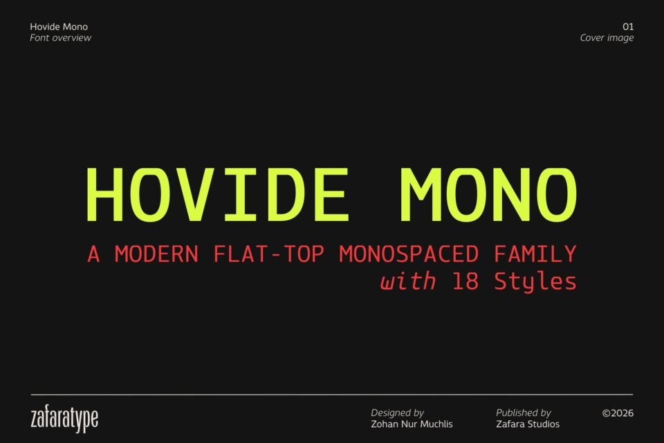 Cover image of Hovide Mono, a modern monospaced font family with a futuristic flat-top design, featuring 18 styles by Zafara Studios.