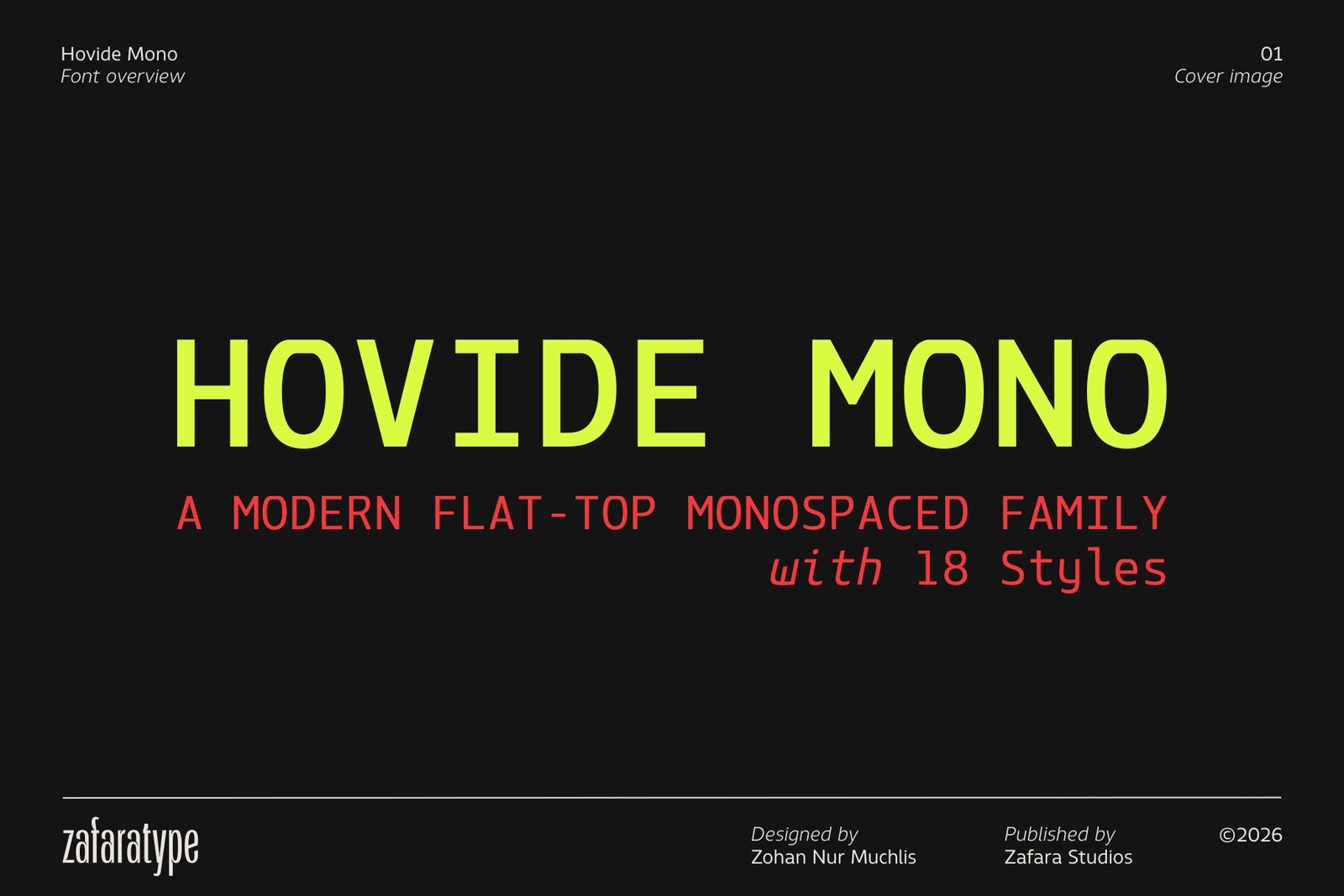 Cover image of Hovide Mono, a modern monospaced font family with a futuristic flat-top design, featuring 18 styles by Zafara Studios.
