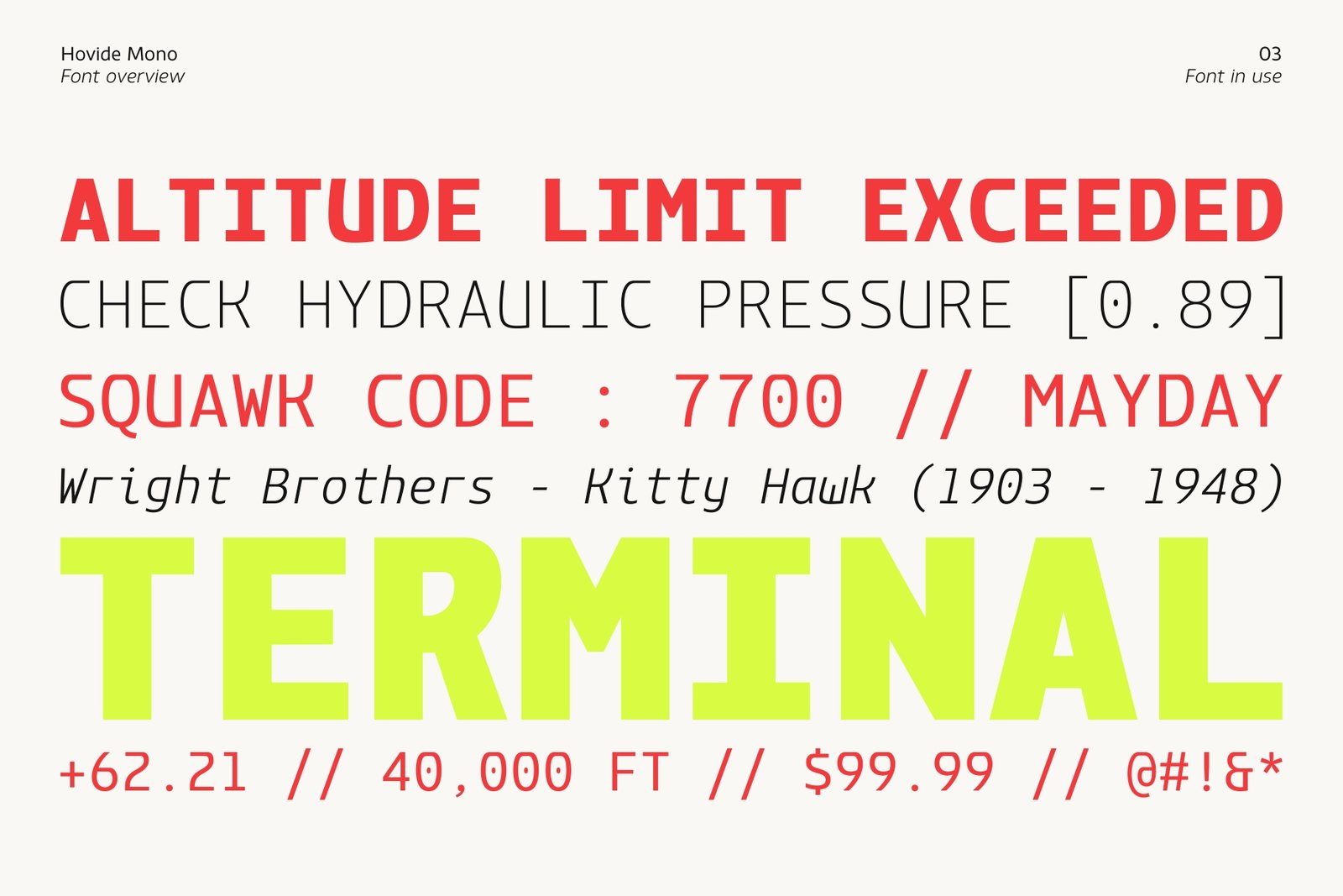 An aviation or technical dashboard UI mockup using the Hovide Mono font. Red and black alert texts like "ALTITUDE LIMIT EXCEEDED" and "SQUAWK CODE : 7700 // MAYDAY" are set alongside a massive neon lime green "TERMINAL" text over an off-white background.