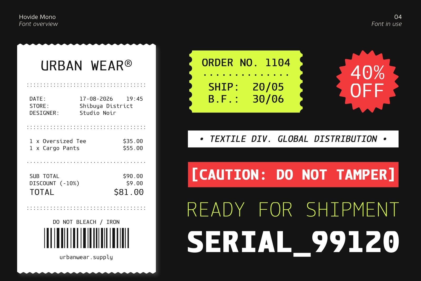 Modern retail graphics showcasing the Hovide Mono font on a crisp white shopping receipt for "URBAN WEAR", a vibrant yellow shipping tag, a red "40% OFF" starburst badge, and a bold red warning label stating "[CAUTION: DO NOT TAMPER]" over a black backdrop.
