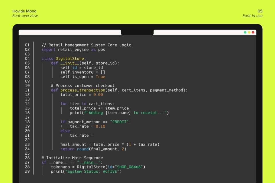 A laptop screen displaying a dark mode text editor with multi-colored Python syntax code titled "Retail Management System Core Logic". The entire code layout utilizes the clean and structured Hovide Mono monospaced font.