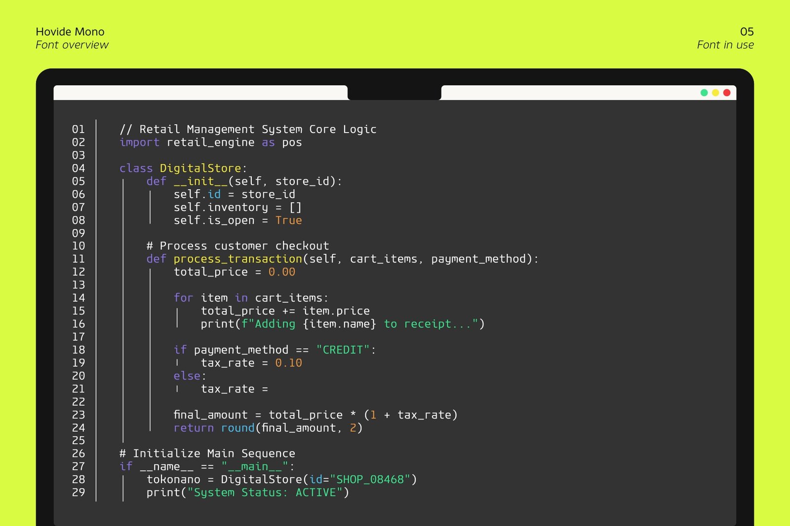 A laptop screen displaying a dark mode text editor with multi-colored Python syntax code titled "Retail Management System Core Logic". The entire code layout utilizes the clean and structured Hovide Mono monospaced font.