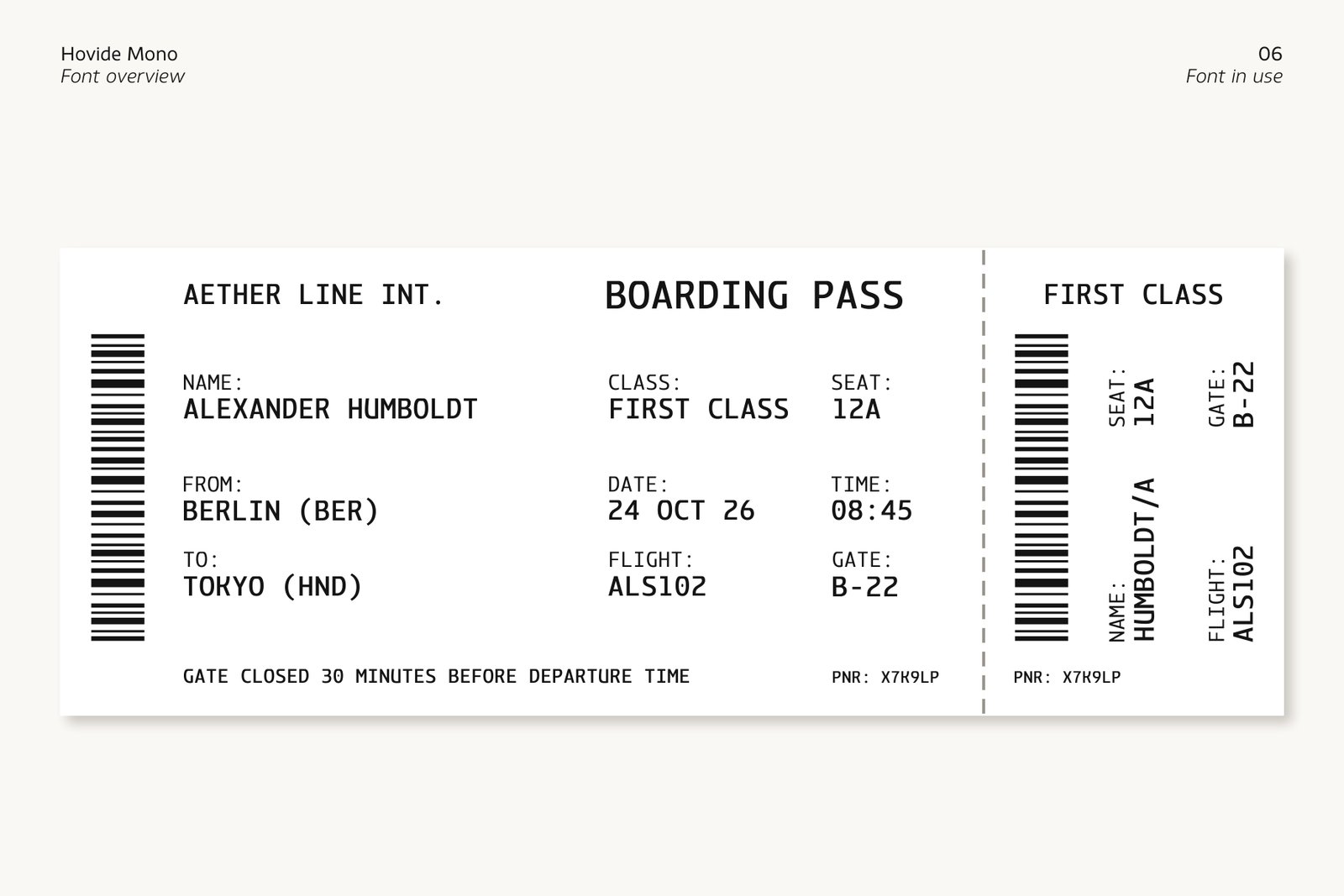 A minimalist white boarding pass ticket for "AETHER LINE INT." flight from Berlin to Tokyo, featuring passengers' details, barcodes, seat numbers, and gates cleanly laid out using the Hovide Mono font family.