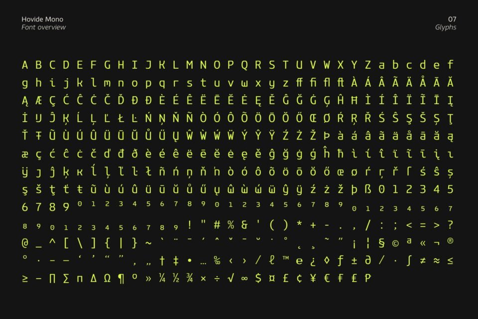 A complete overview of Hovide Mono's glyph set set in lime green against a dark background, revealing hundreds of characters including uppercase, lowercase, punctuation, numbers, math symbols, and accented characters.