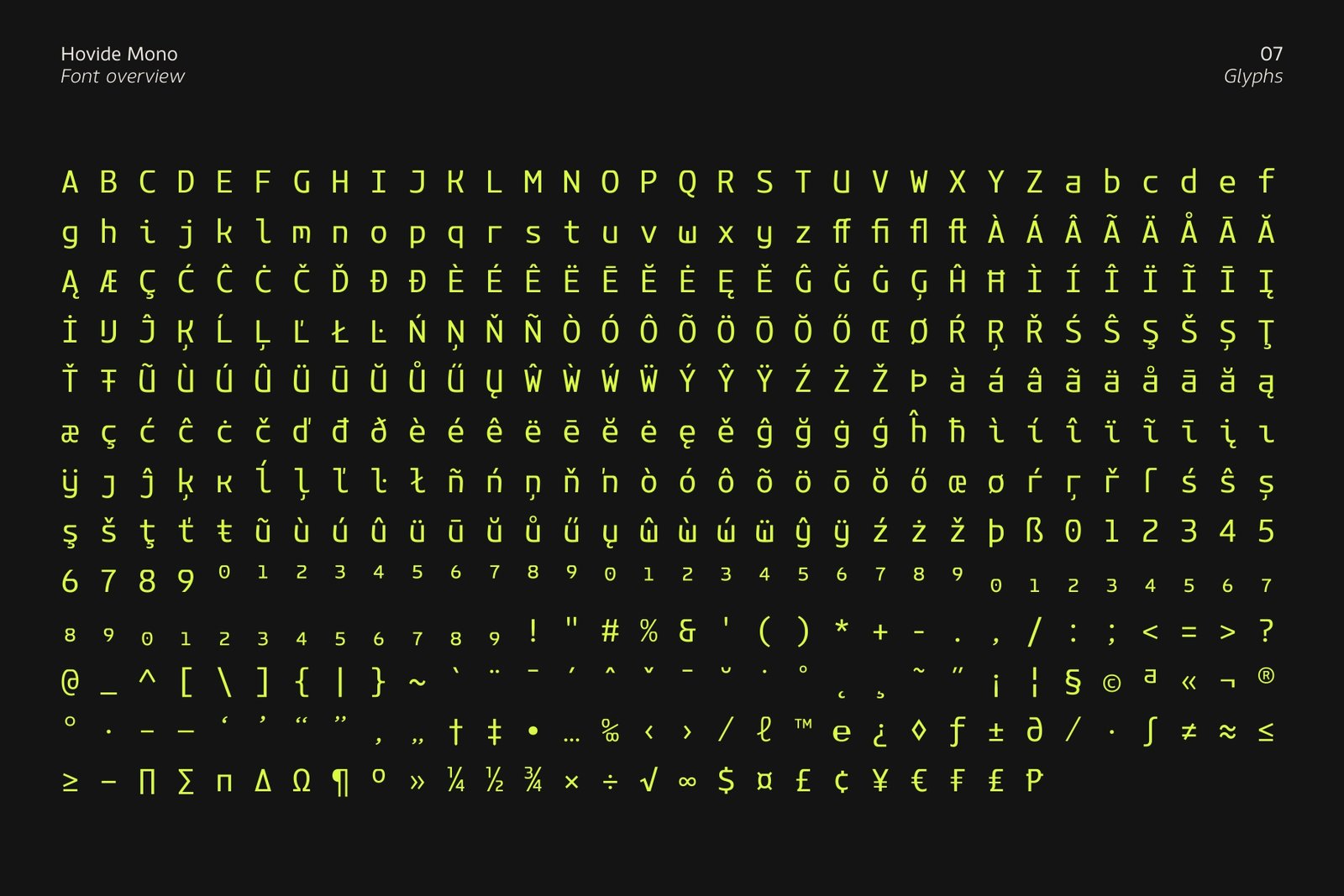 A complete overview of Hovide Mono's glyph set set in lime green against a dark background, revealing hundreds of characters including uppercase, lowercase, punctuation, numbers, math symbols, and accented characters.